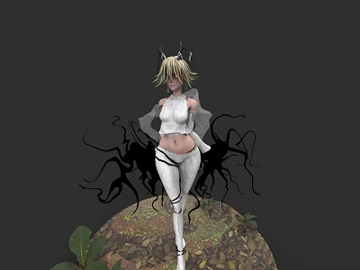 Mystical Game Movie Character With Blonde Hair Horns And Black Tentacles Standing On Leafy Ground 3d model