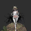 Mystical Game Movie Character With Blonde Hair Horns And Black Tentacles Standing On Leafy Ground