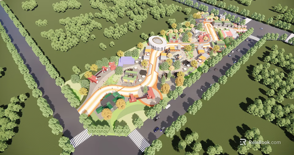 Scenic Garden Landscape Design Featuring Green Spaces Winding Paths And Diverse Buildings 3d model 