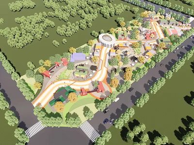 Scenic Garden Landscape Design Featuring Green Spaces Winding Paths And Diverse Buildings 3d model