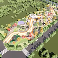 Scenic Garden Landscape Design Featuring Green Spaces Winding Paths And Diverse Buildings
