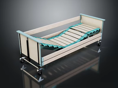 Adjustable Medical Bed With Wheel Base And Striped Mattress Support 3d model