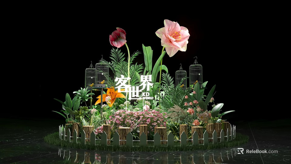 Floral Decoration With Bird Cages Green Plants And Wooden Fence Design 3d model 