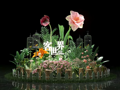 Floral Decoration With Bird Cages Green Plants And Wooden Fence Design 3d model