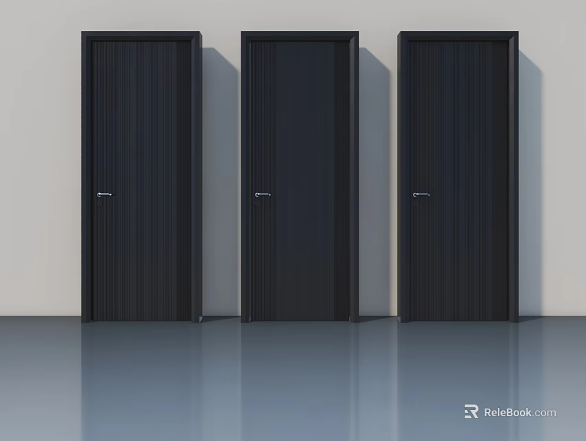 Three Black Modern Hinged Doors With Vertical Striped Design In Minimalist Space 3d model