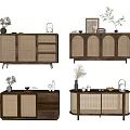 Modern Wooden Entryway Cabinet And Side Cabinet Design With Woven Doors And Decorative Plants