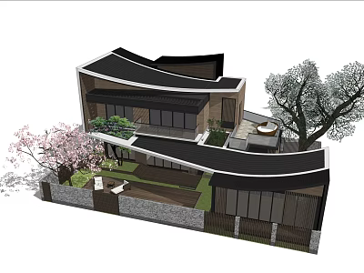 Modern Detached Villa With Curved Black Roof Courtyard Cherry Blossom Tree And Stone Wall 3d model