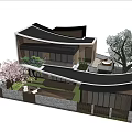 Modern Detached Villa With Curved Black Roof Courtyard Cherry Blossom Tree And Stone Wall