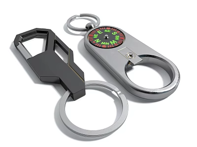 Practical Black and Silver Hardware Keychain Tools with Compass and Key Rings 3d model