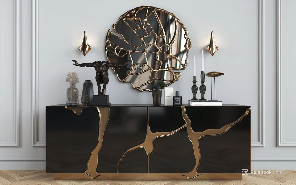 Modern Console Cabinet With Black Gold Accents Decorative Mirror Wall Sconces And Sculptures 3d model 