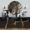 Modern Console Cabinet With Black Gold Accents Decorative Mirror Wall Sconces And Sculptures
