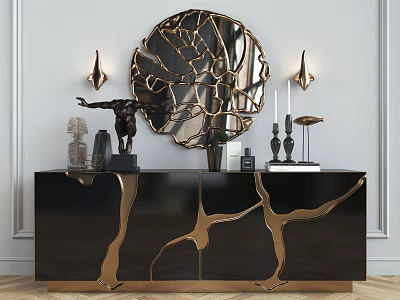 Modern Console Cabinet With Black Gold Accents Decorative Mirror Wall Sconces And Sculptures 3d model