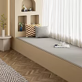 Cozy Beige Window Seat With Chevron Light Gray Pillows Side Table Green Plant White Curtains