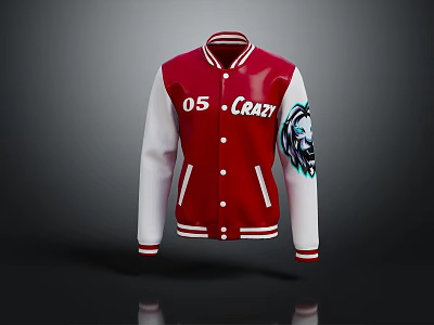 Red And White Varsity Jacket With 05 CRAZY Print And Lion Head Graphic 3d model