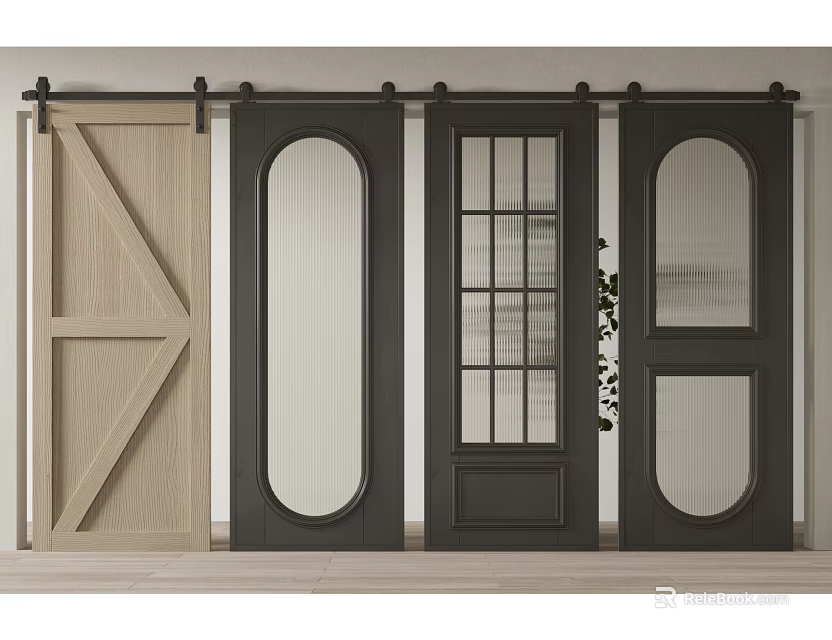 Different Style Barn Doors Featuring Wooden Black Finishes Crossed Lines and Glass Panels 3d model 