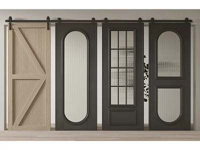 Different Style Barn Doors Featuring Wooden Black Finishes Crossed Lines and Glass Panels 3d model