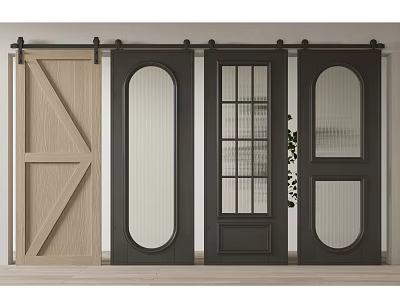 Different Style Barn Doors Featuring Wooden Black Finishes Crossed Lines and Glass Panels 3d model