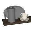 Stainless Steel Tea Set with Silver Tray White Teacups and Saucers on Dark Wooden Base