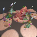Cartoon Scene With Pink Rocks Blue Flowers Red Berries And Green Grass On Round Platforms