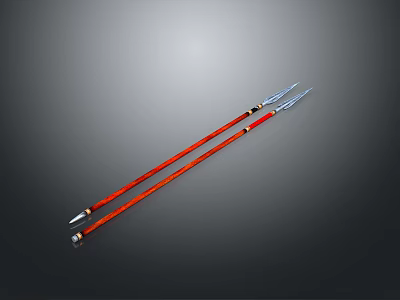 Two Red Traditional Spears with Decorative Handles and Metal Tips 3d model