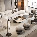 Modern Curved White Sofa With Round Coffee Tables Gray Armchairs And Stools In Living Room