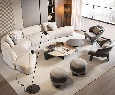 Modern Curved White Sofa With Round Coffee Tables Gray Armchairs And Stools In Living Room 3d model