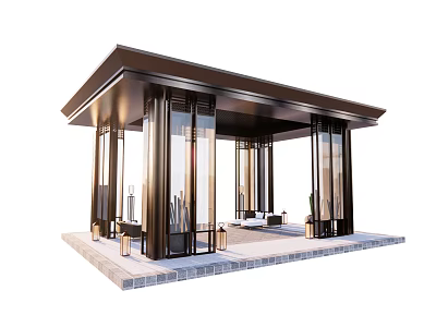 Modern Pergola Design with Metal Frame Glass Panels Stone Slab Floor and Decorative Lamps 3d model