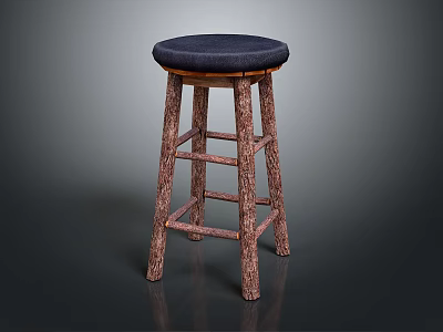 Rustic Wooden Bar Stool With Dark Blue Padded Seat And Textured Legs 3d model