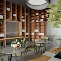 Modern Bar Interior With Green Plant Tables Chairs And Large Windows 3d model