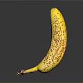 Ripe Yellow Banana with Brown Spots and Stem on Black Background with Reflection