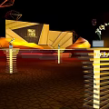 Modern Stage Design With Golden Orange Geometric Decorations Lighting Effects And Dark Background