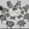 Round Dining Table Set With Gray Chairs Tableware And Green Plant Centerpiece 3d model