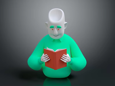 3D Green Character With White Head Reading Red Book In Dark Background 3d model