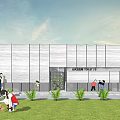 Modern Cultural Center Exterior With Green Landscaping And People Around