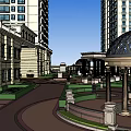 Modern Waterfront Commercial Street With High Rise Buildings And Green Plaza