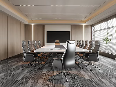 Modern Conference Room Interior With Long Table Black Chairs And Large Screen 3d model