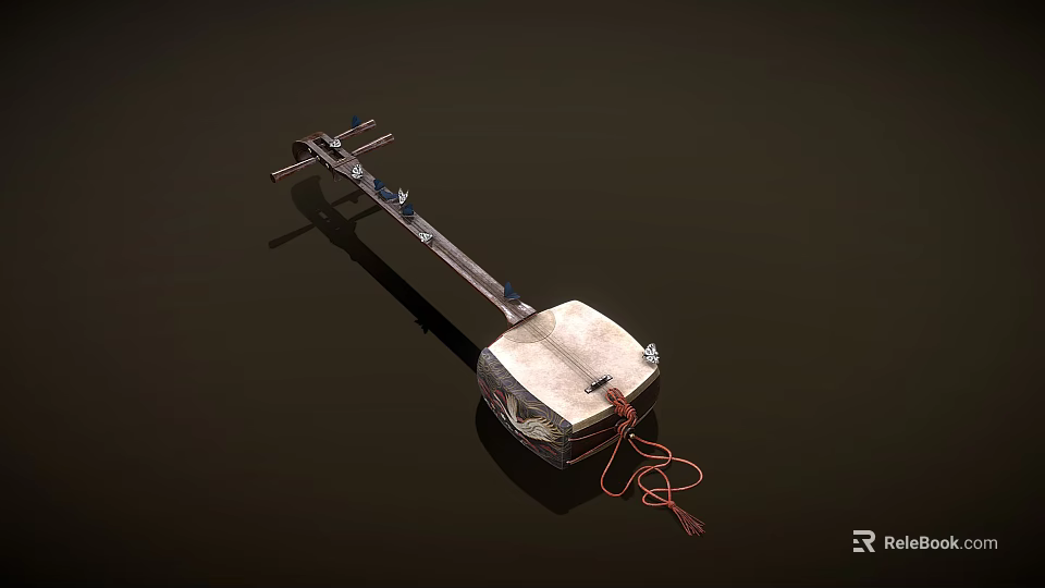 Traditional Chinese Pipa Instrument with White Patterned Body Dark Neck and Red Tassel on Shiny Surface 3d model 