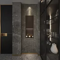Modern Black Kitchen Interior With Island Counter Marble Top Glass Cabinets And Stools