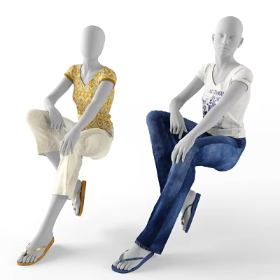 Stylish Fashion Models Sitting In Yellow White Tops Beige Pants And Blue Jeans Outfits 3d model