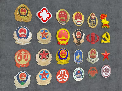 Various Official Emblem Badges Featuring Different Symbols And Colorful Designs 3d model
