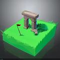 3D Scenic Model Featuring Stone Archway Green Grass Small Red Flag And Stone Blocks
