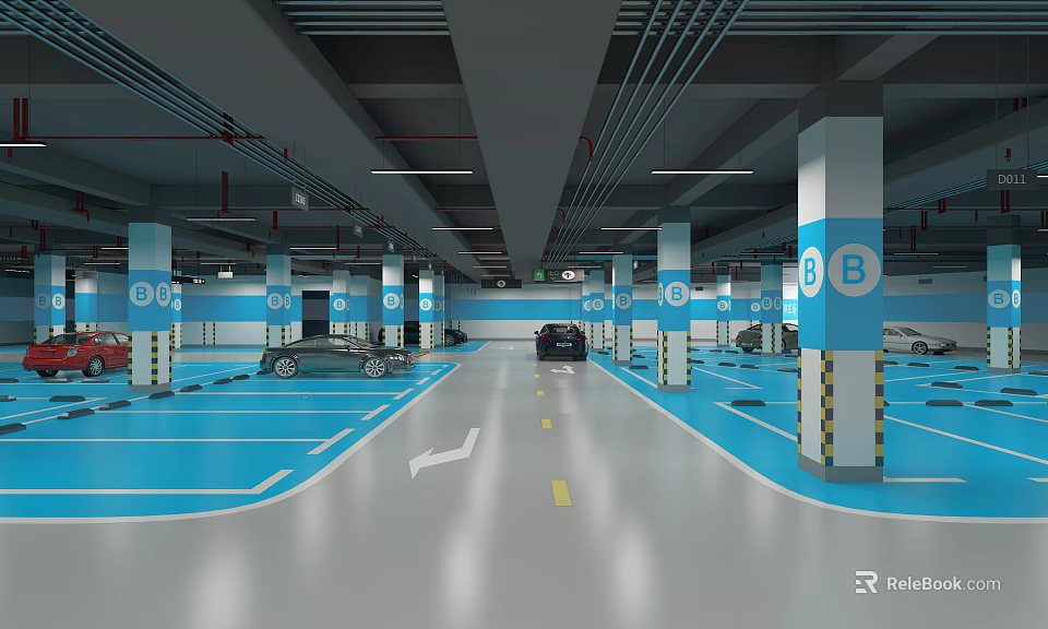 Well Lit Parking Garage With Blue Floor White Lines Yellow Arrows B Signs And Columns 3d model 