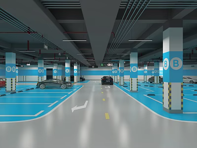 Well Lit Parking Garage With Blue Floor White Lines Yellow Arrows B Signs And Columns 3d model