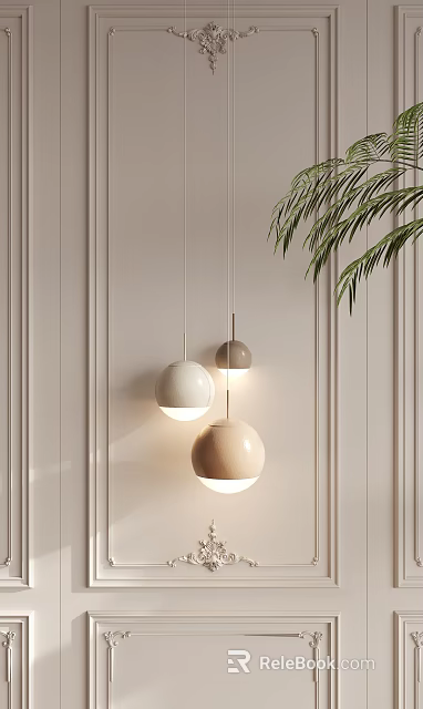 Modern Spherical Beige Wooden Light Brown Pendant Lights Against Vertical Striped Wall with Green Leaves 3d model 