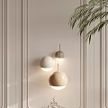 Modern Spherical Beige Wooden Light Brown Pendant Lights Against Vertical Striped Wall with Green Leaves