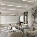 Modern Living And Dining Room With Spiral Staircase Beige Sofa Coffee Table And Artistic Wall