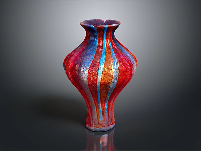 Artistic Hand Carved Sculpture Vase With Red Blue Gold Stripes And Glossy Surface 3d model