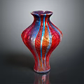 Artistic Hand Carved Sculpture Vase With Red Blue Gold Stripes And Glossy Surface