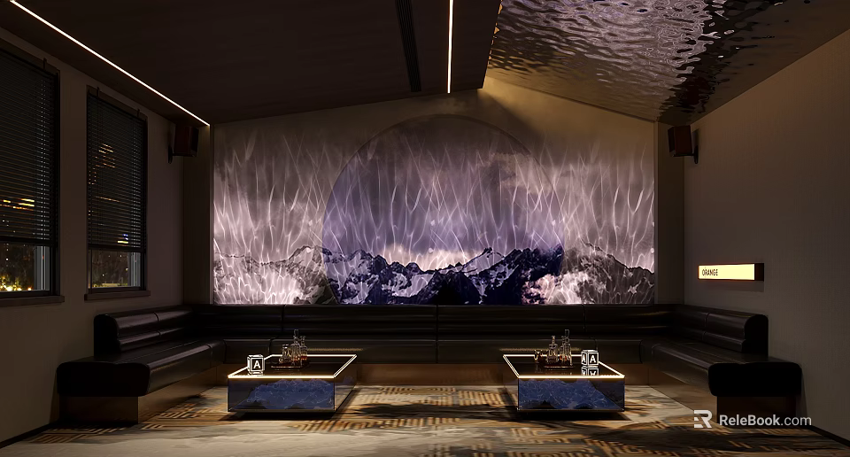 Modern KTV Interior Design With Mountain Moon Backdrop And Sofa Coffee Tables 3d model 