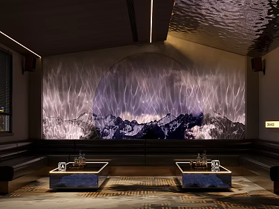 Modern KTV Interior Design With Mountain Moon Backdrop And Sofa Coffee Tables 3d model